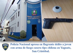 Policía Nacional apresa en flagrante delito a joven con arma de fuego casera tipo chilena en Yaguate, San Cristóbal