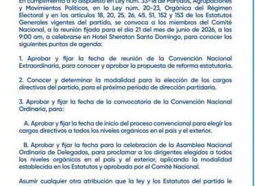 PRM convoca reunión de su Comité Nacional para el 21 de junio