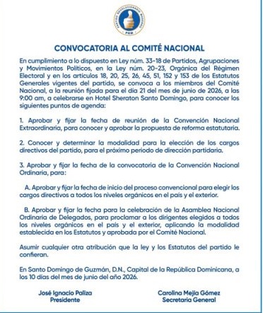 PRM convoca reunión de su Comité Nacional para el 21 de junio